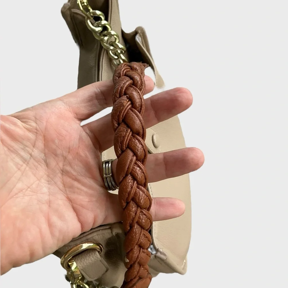 Ahdorned Braided Strap Shoulder Vegan Leather Taupe Minimalist Everyday Purse